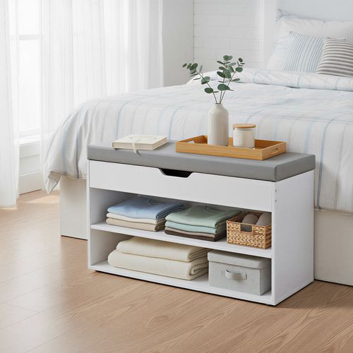 Banc D’entrée Rembourré, 3 Compartiments, Pour Salon Ou Chambre, Assise Confortable, Blanc Et Gris
