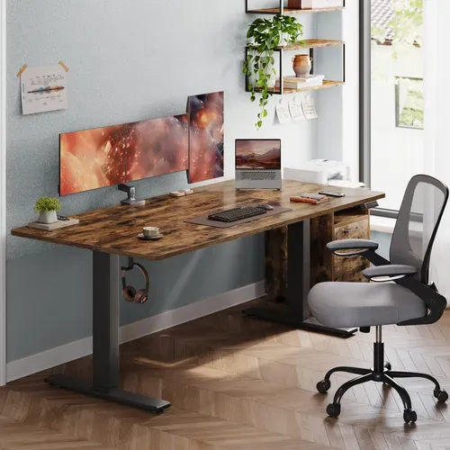 Bureau Assis-debout Réglable, 180 X 80 Cm, Avec Port USB-c, Fonction Mémoire 3 Hauteurs, Marron