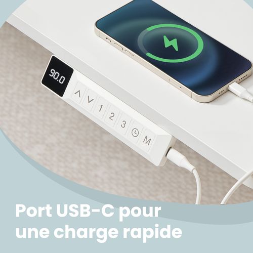 Bureau Assis-debout Réglable, 180 X 80 Cm, Avec Port USB-c, Fonction Mémoire 3 Hauteurs, Blanc