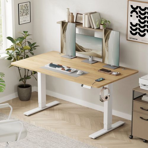 Bureau Assis-debout, Réglable En Hauteur, 140 X 80 Cm, Avec Port USB-c, Couleur Chêne