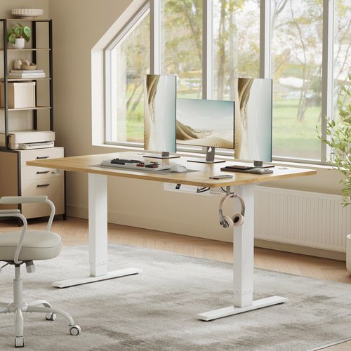 Bureau Assis-debout, Réglable En Hauteur, 140 X 80 Cm, Avec Port USB-c, Couleur Chêne