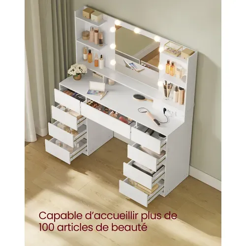 Coiffeuse avec Miroir LED, Multiprise, 9 Tiroirs, 9 Ampoules, Rangement Bijoux, Blanc Nuage