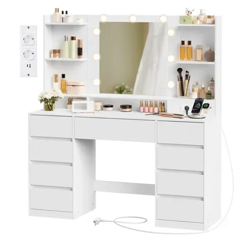 Coiffeuse avec Miroir LED, Multiprise, 9 Tiroirs, 9 Ampoules, Rangement Bijoux, Blanc Nuage
