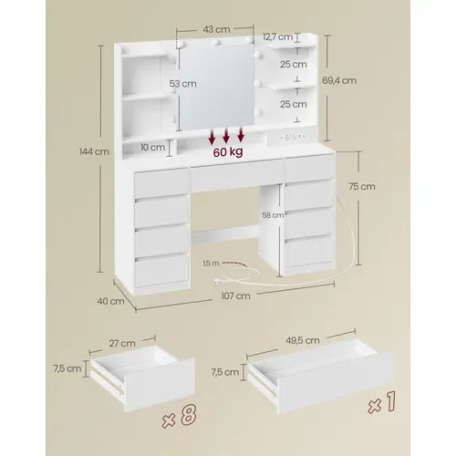 Coiffeuse avec Miroir LED, Multiprise, 9 Tiroirs, 9 Ampoules, Rangement Bijoux, Blanc Nuage