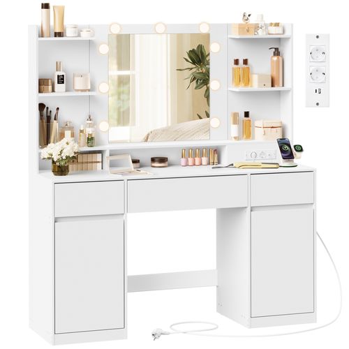 Coiffeuse Avec Miroir LED, Multiprise, 2 Placards, 9 Ampoules, Éclairage 3 Couleurs, Blanc