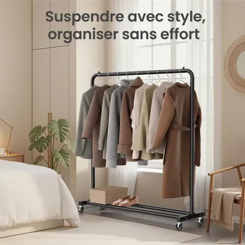 Portemanteau Sur Roulettes, Portant à Vêtements Robuste, Charge 50 Kg, Chambre, Noir