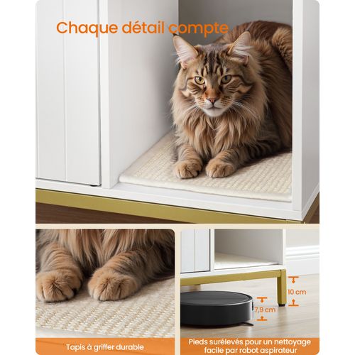 Meuble Litière Pour Chat, Avec Tapis De Grattage, Pieds Hauts, 90 X 48 X 61,5 Cm, Blanc Et Doré