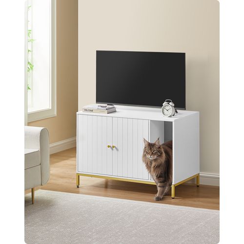Meuble Litière Pour Chat, Avec Tapis De Grattage, Pieds Hauts, 90 X 48 X 61,5 Cm, Blanc Et Doré