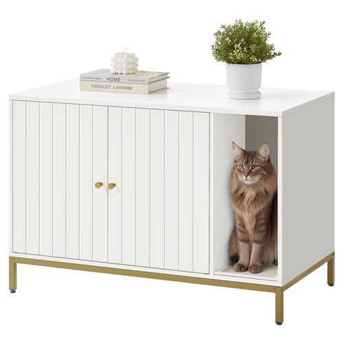 Meuble Litière Pour Chat, Avec Tapis De Grattage, Pieds Hauts, 90 X 48 X 61,5 Cm, Blanc Et Doré