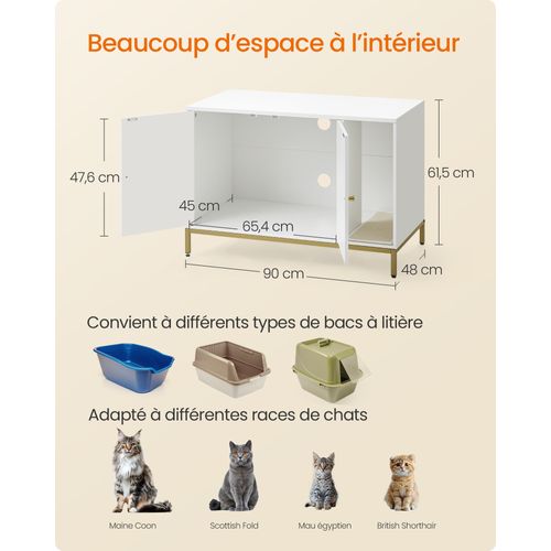 Meuble Litière Pour Chat, Avec Tapis De Grattage, Pieds Hauts, 90 X 48 X 61,5 Cm, Blanc Et Doré
