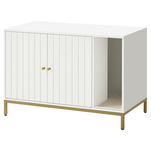 Meuble Litière Pour Chat, Avec Tapis De Grattage, Pieds Hauts, 90 X 48 X 61,5 Cm, Blanc Et Doré