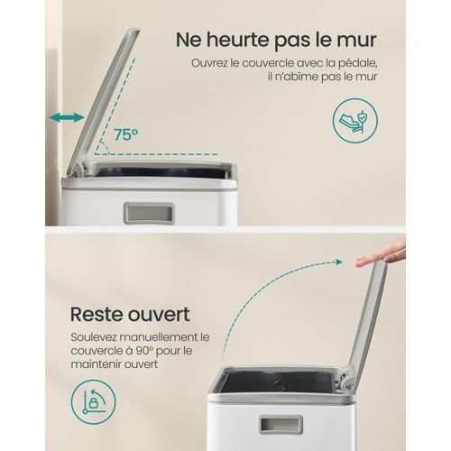 Poubelle De Cuisine 50 L, Seau Intérieur Amovible En Plastique, Avec Couvercle, Blanc Nuage