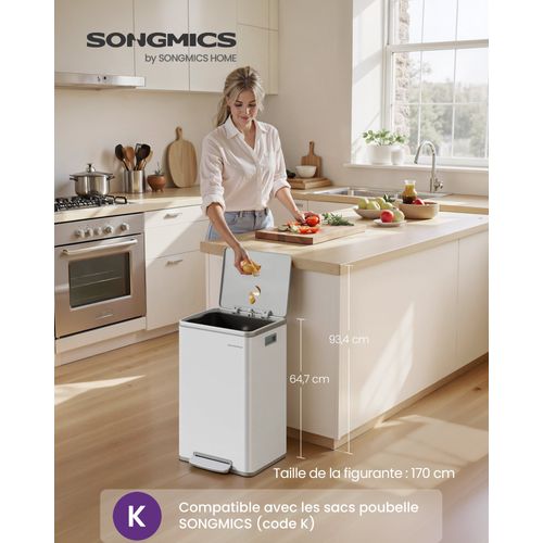 Poubelle De Cuisine 50 L, Seau Intérieur Amovible En Plastique, Avec Couvercle, Blanc Nuage