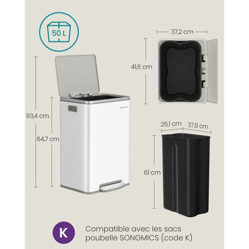 Poubelle De Cuisine 50 L, Seau Intérieur Amovible En Plastique, Avec Couvercle, Blanc Nuage