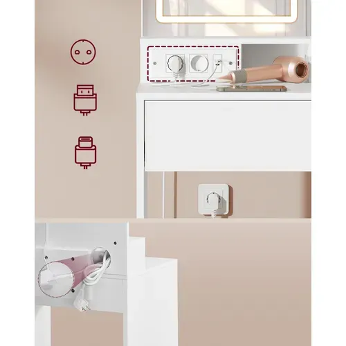 Coiffeuse Avec Miroir LED Et Tabouret, Avec Multiprise, Compartiment Avec 2 étagères Réglables,blanc