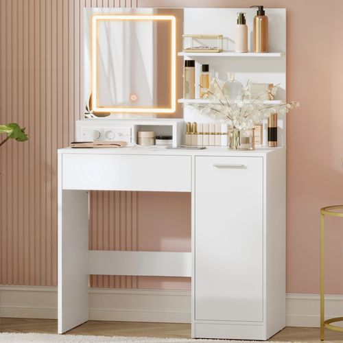 Coiffeuse Avec Miroir LED Et Tabouret, Avec Multiprise, Compartiment Avec 2 étagères Réglables,blanc