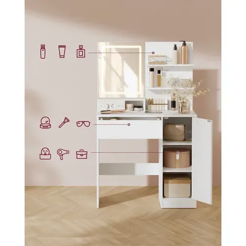 Coiffeuse Avec Miroir LED Et Tabouret, Avec Multiprise, Compartiment Avec 2 étagères Réglables,blanc