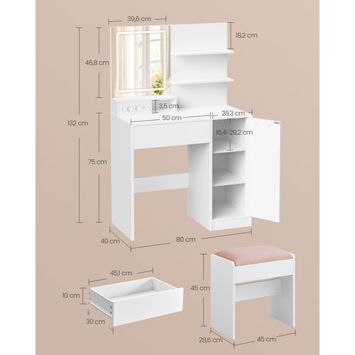 Coiffeuse Avec Miroir LED Et Tabouret, Avec Multiprise, Compartiment Avec 2 étagères Réglables,blanc