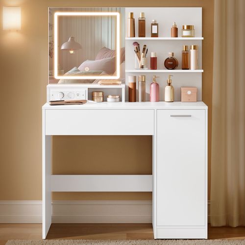 Coiffeuse Avec Miroir LED Et Tabouret, Avec Multiprise, Compartiment Avec 2 étagères Réglables,blanc