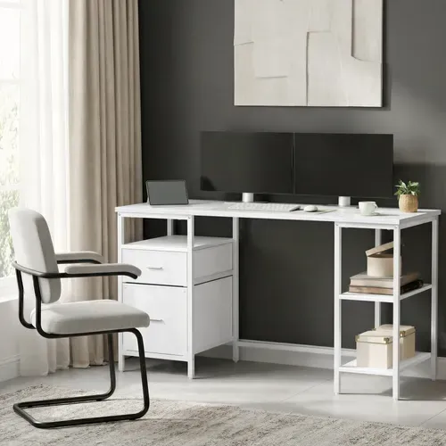 Bureau D’ordinateur, 3 Étagères, 2 Tiroirs, 140 X 60 X 76 Cm, Blanc