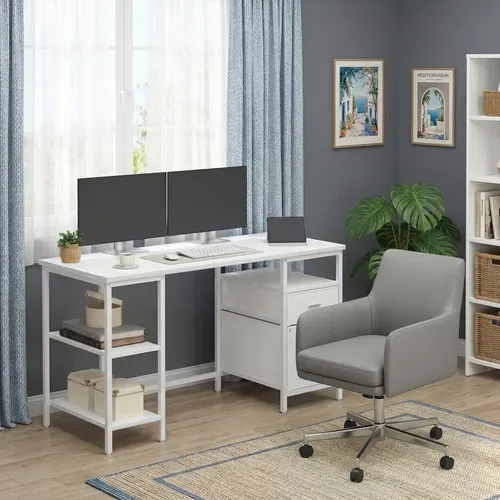 Bureau D’ordinateur, 3 Étagères, 2 Tiroirs, 140 X 60 X 76 Cm, Blanc