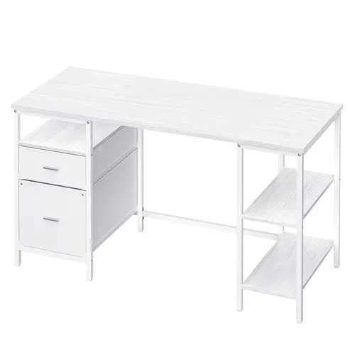 Bureau D’ordinateur, 3 Étagères, 2 Tiroirs, 140 X 60 X 76 Cm, Blanc