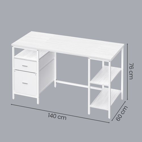 Bureau D’ordinateur, 3 Étagères, 2 Tiroirs, 140 X 60 X 76 Cm, Blanc