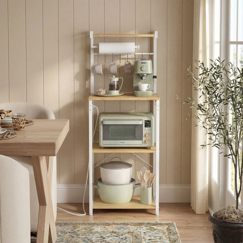 Meuble De Rangement Cuisine Avec Étagère Réglable, 8 Crochets, Bar à Café, 4 Niveaux, Blanc Et Chêne