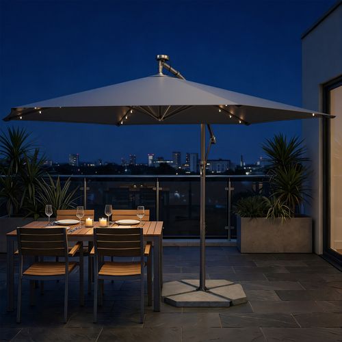 Parasol De 350 Cm De Diamètre, Avec 32 LED, Socle, Manivelle D’ouverture Et De Fermeture, Gris