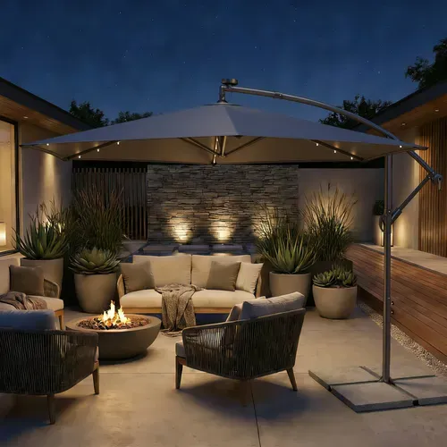 Parasol De 350 Cm De Diamètre, Avec 32 LED, Socle, Manivelle D’ouverture Et De Fermeture, Gris