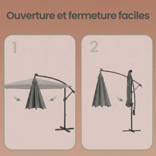 Parasol De 350 Cm De Diamètre, Avec 32 LED, Socle, Manivelle D’ouverture Et De Fermeture, Gris