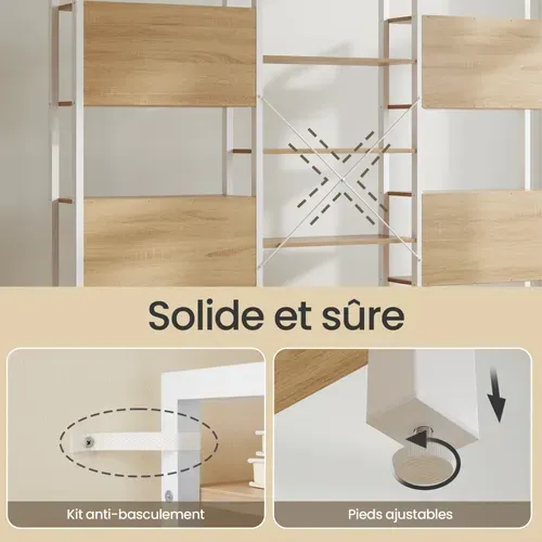 Étagère De Rangement Modulable, Bibliothèque Industrielle à 14 Niveaux, Métal, Blanc Et Chêne