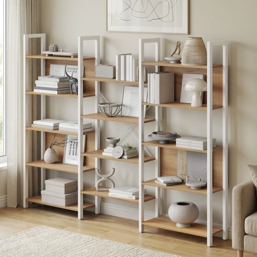 Étagère De Rangement Modulable, Bibliothèque Industrielle à 14 Niveaux, Métal, Blanc Et Chêne