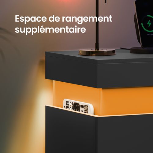 Table De Chevet Moderne Avec LED, Lot De 2, Table D’appoint, 2 Tiroirs, Multiprise Intégrée, Noir