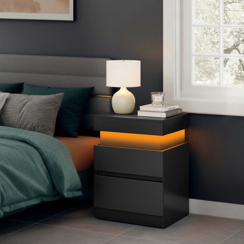 Table De Chevet Moderne Avec LED, Lot De 2, Table D’appoint, 2 Tiroirs, Multiprise Intégrée, Noir