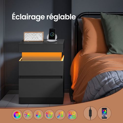 Table De Chevet Moderne Avec LED, Lot De 2, Table D’appoint, 2 Tiroirs, Multiprise Intégrée, Noir