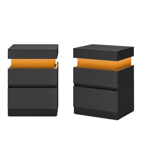 Table De Chevet Moderne Avec LED, Lot De 2, Table D’appoint, 2 Tiroirs, Multiprise Intégrée, Noir