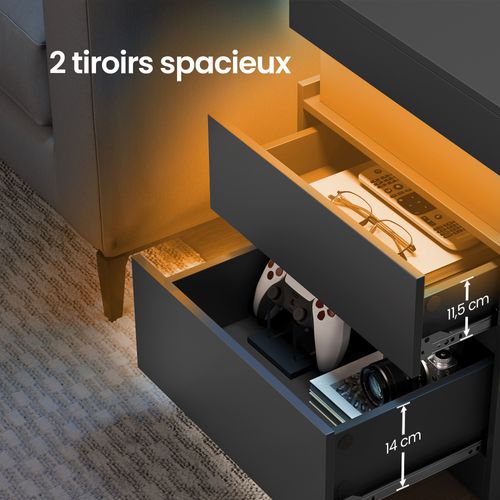 Table De Chevet Moderne Avec LED, Lot De 2, Table D’appoint, 2 Tiroirs, Multiprise Intégrée, Noir