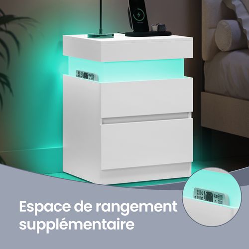Table De Chevet Moderne Avec LED, Table D’appoint, 2 Tiroirs, Multiprise Intégrée, Blanc