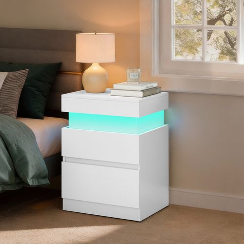 Table De Chevet Moderne Avec LED, Table D’appoint, 2 Tiroirs, Multiprise Intégrée, Blanc