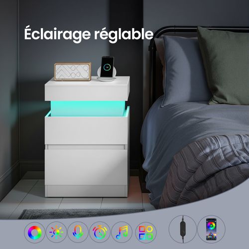 Table De Chevet Moderne Avec LED, Table D’appoint, 2 Tiroirs, Multiprise Intégrée, Blanc