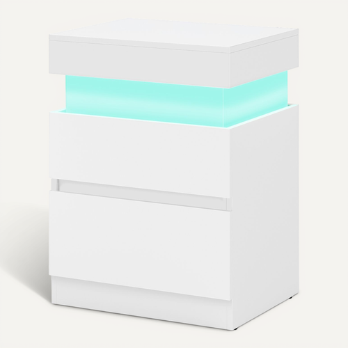Table De Chevet Moderne Avec LED, Table D’appoint, 2 Tiroirs, Multiprise Intégrée, Blanc