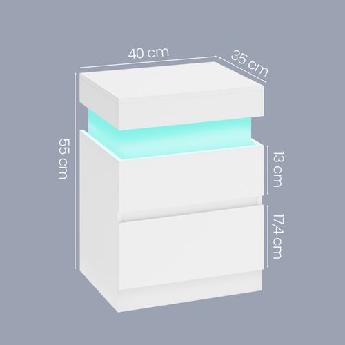 Table De Chevet Moderne Avec LED, Table D’appoint, 2 Tiroirs, Multiprise Intégrée, Blanc