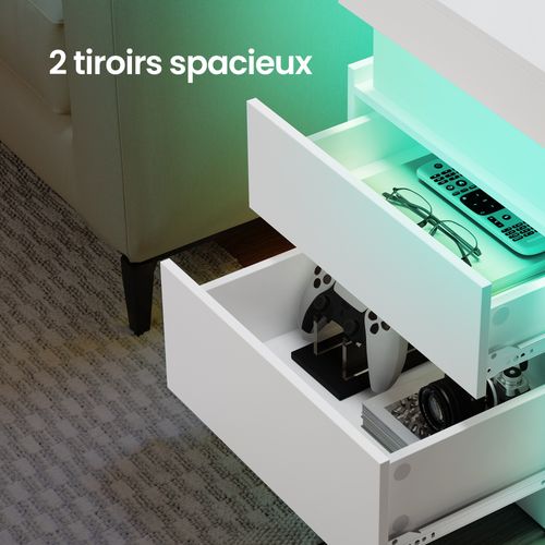 Table De Chevet Moderne Avec LED, Table D’appoint, 2 Tiroirs, Multiprise Intégrée, Blanc
