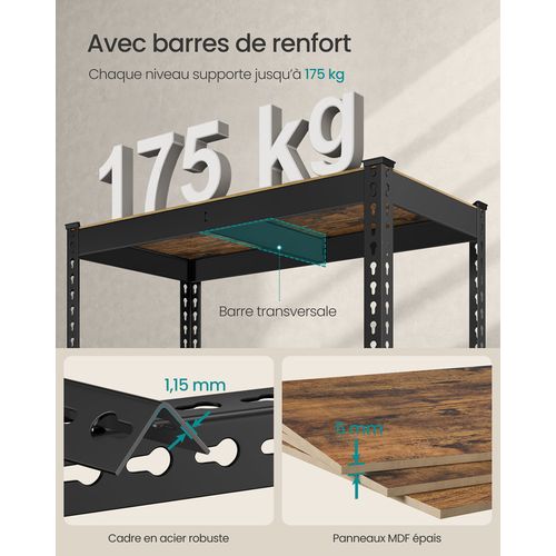 Rayonnage étagère De Rangement à 5 Tablettes, 45 X 90 X 180 Cm, Charge Jusqu'à 875 Kg, Noir