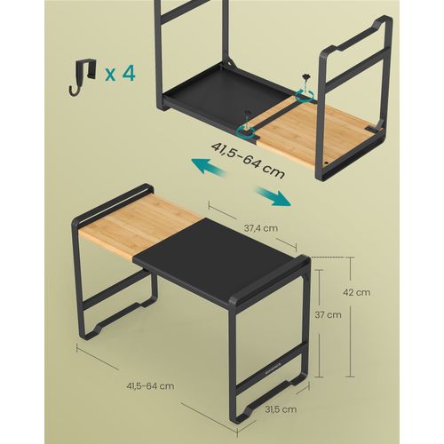 étagère Pour Micro-ondes, Largeur Réglable De 41,5 à 64 Cm, 4 Crochets, Noir Et Bambou Clair