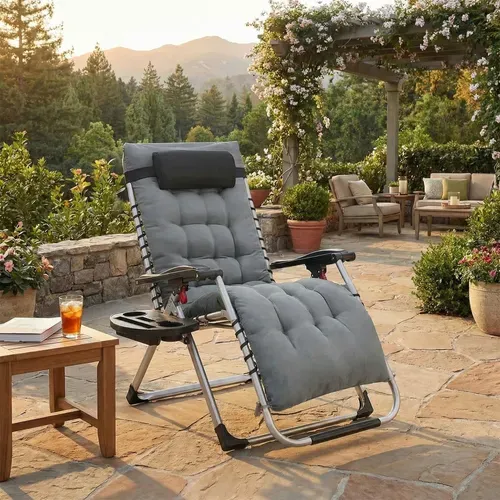 Chaise Longue Pliante Avec Coussin Amovible, En Acier, Avec Tablette Et Pochette, Gris Foncé