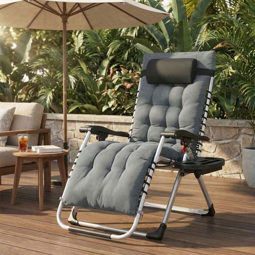 Chaise Longue Pliante Avec Coussin Amovible, En Acier, Avec Tablette Et Pochette, Gris Foncé