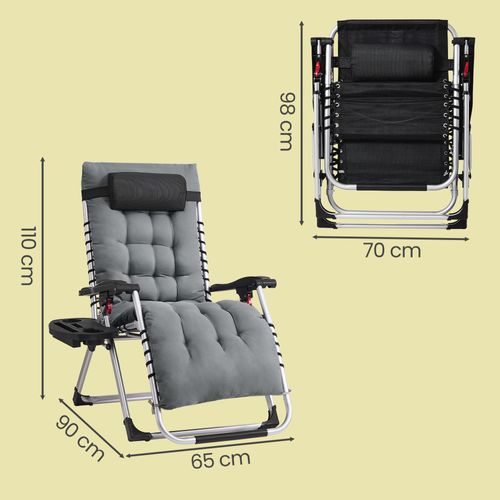 Chaise Longue Pliante Avec Coussin Amovible, En Acier, Avec Tablette Et Pochette, Gris Foncé