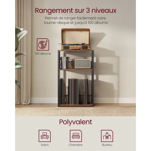 Meuble Pour Tourne-disque, Sur 3 Niveaux, Rangement Vinyle Jusqu'à 100 Albums, Bout De Canapé,marron